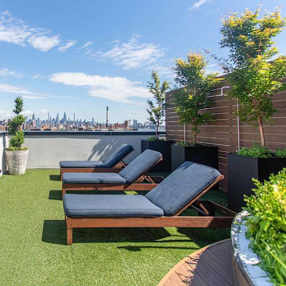 rooftop sundeck with lounge chairs and greenery at 260 gold apartments, brooklyn, 11201