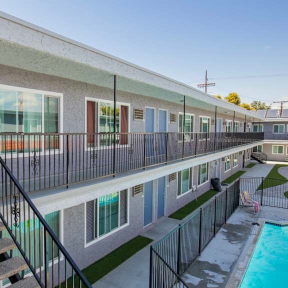 the outlook of a building with a pool