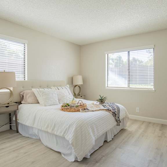 a bedroom with a bed and two windows