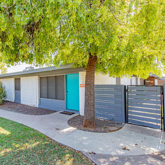 a building with a blue door and a tree in front of it