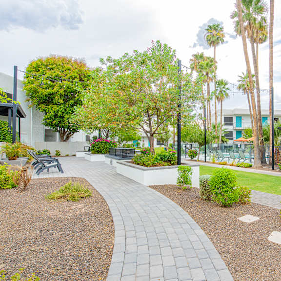 a courtyard with palm trees and a building in the background