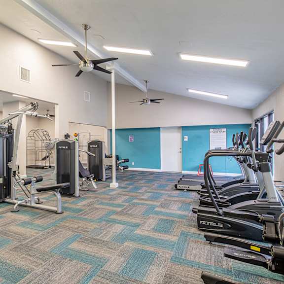 a gym with weights and cardio equipment at the flats