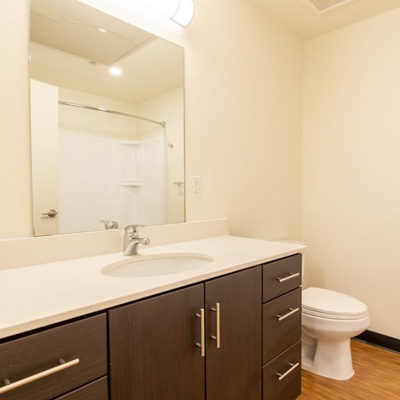the preserve at ballantyne commons apartment bathroom with sink toilet and mirror