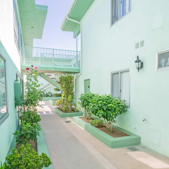 an outside view of a building with plants and a balcony