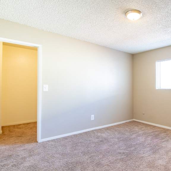 the spacious living room of an empty home with carpet and a window