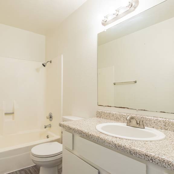 a bathroom with a sink toilet and shower and a mirror