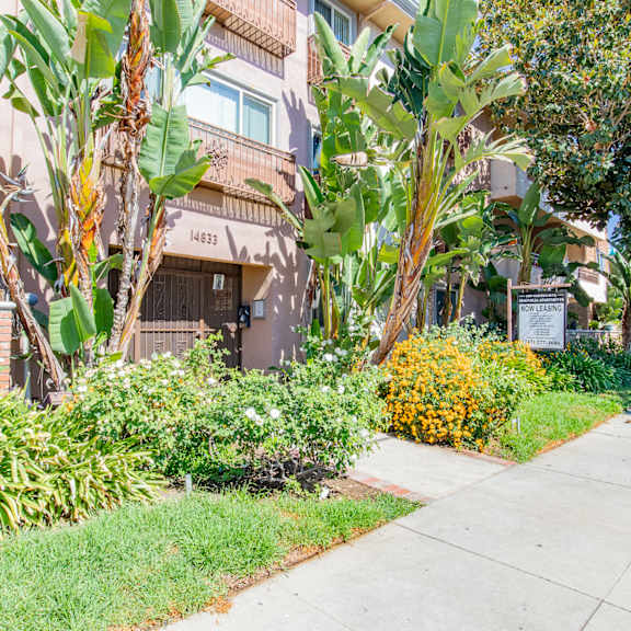 a sidewalk in front of a building with plants and trees