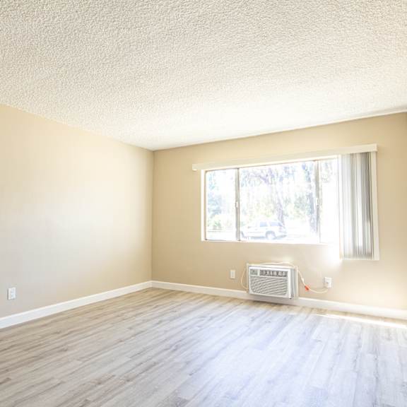 an empty room with wood floors and a window