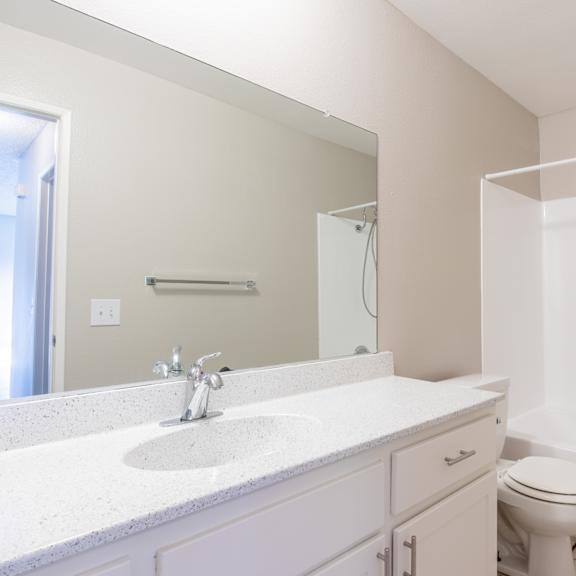 a bathroom with a large mirror and a toilet and a sink