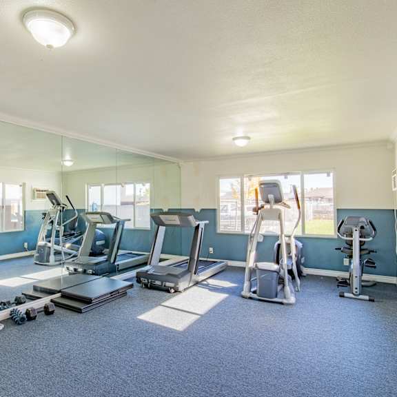 a spacious gym with a variety of equipment including treadmills, weight machines, and a bench press.
