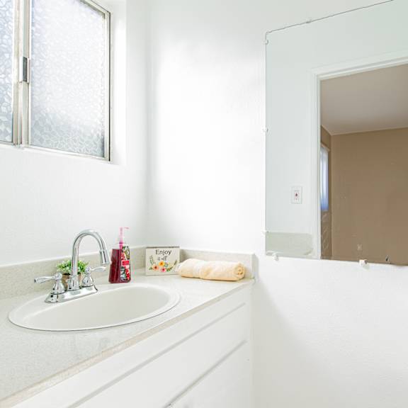 a bathroom with a sink and a mirror