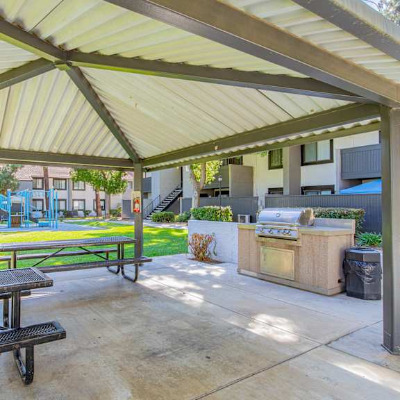 a covered picnic area with a grill and a table at metro 3610, riverside, 92505