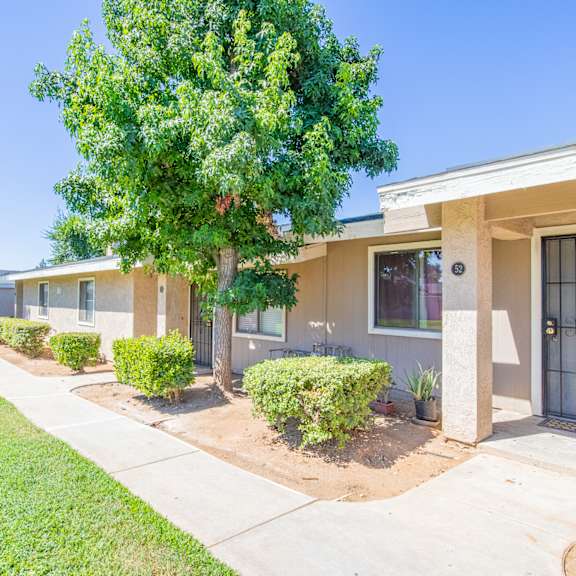 a house with a tree and a sidewalk in front of it