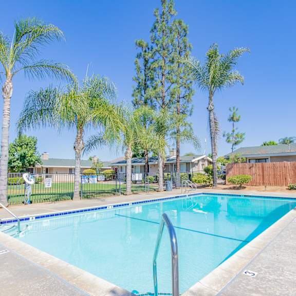 a swimming pool with palm trees in front of a building