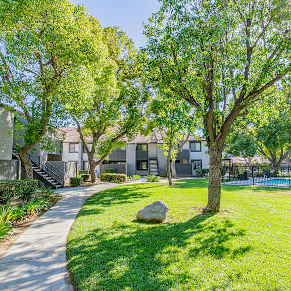 a sunny day at a residential area with a sidewalk, green grass, and trees at metro 3610, riverside, 92505