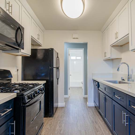 a kitchen with black appliances and blue cabinets.