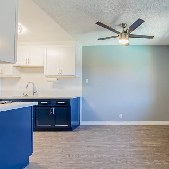 a kitchen with blue cabinets and a white countertop.