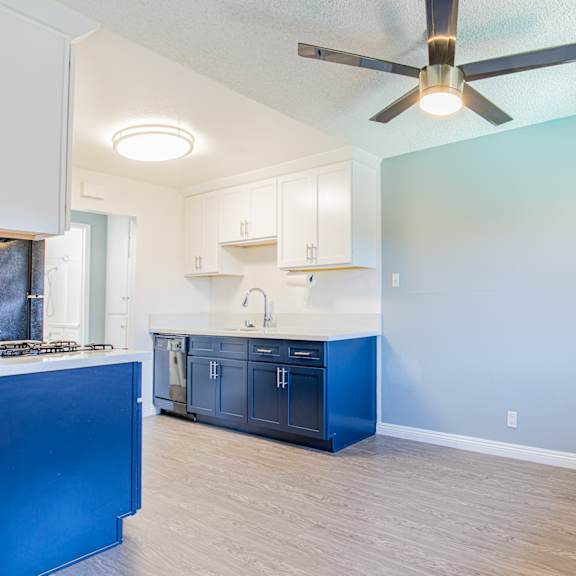 a kitchen with blue cabinets and a ceiling fan.