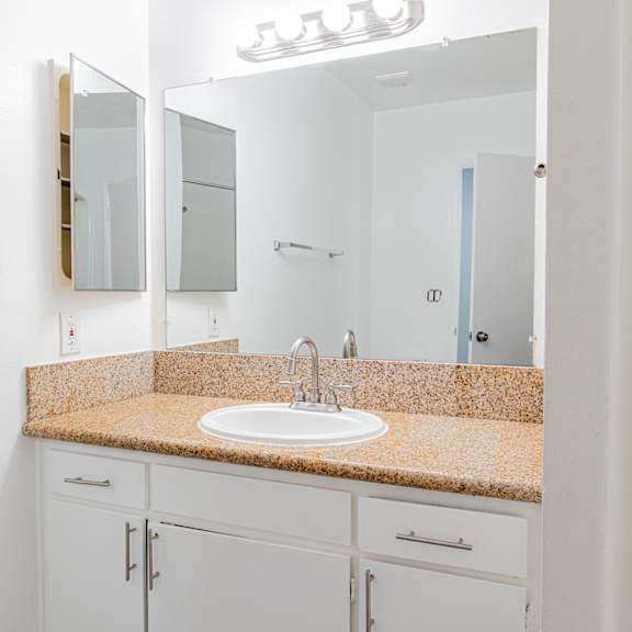 a bathroom with a sink and mirror.
