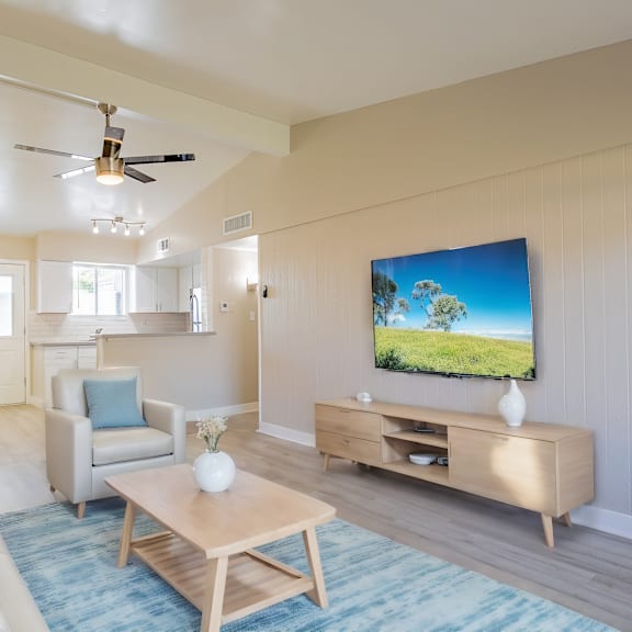 a living room with a television and a white couch.