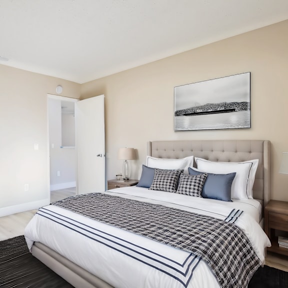 a bedroom with a bed and a bathroom with a shower at metro 3610, california
