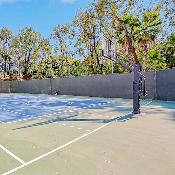 the basketball court is equipped with a basketball hoop and a net