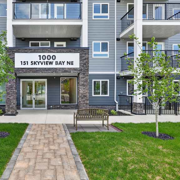 the front of apartment building 1000 at 151 skyview bay northeast.