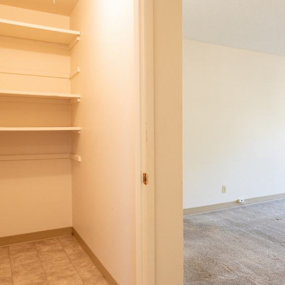a room with a carpeted floor and a window.