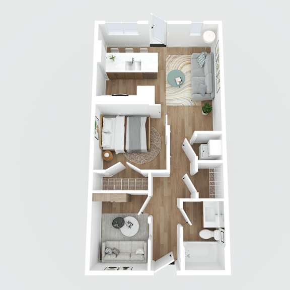 a top-down view of a small apartment with a kitchen, living room, and bathroom.