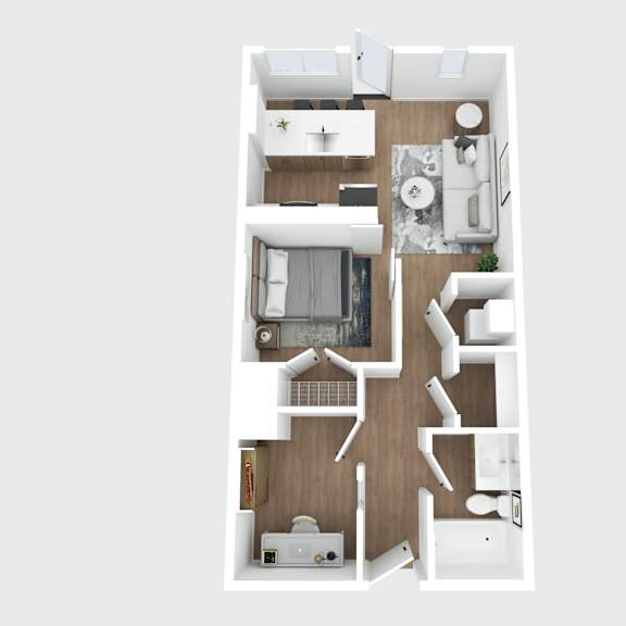 a top-down view of a small apartment with a kitchen, living room, and bathroom.