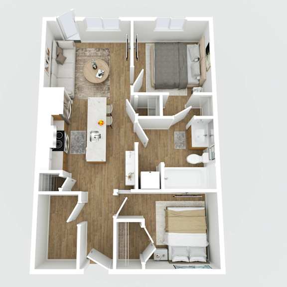 a top down view of a small apartment with a kitchen, living room, and bedroom.