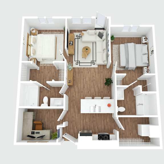a top-down view of a small, well-organized apartment with a kitchen, living room, and bathroom.