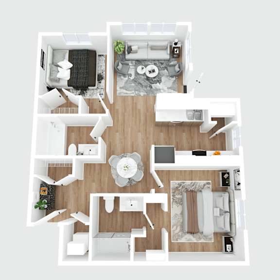 a top-down view of a well-organized apartment with a kitchen, living room, and two bedrooms.