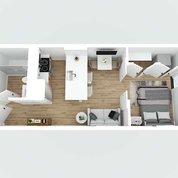 a top-down view of a modern, minimalist apartment with a kitchen, living room, and bedroom.