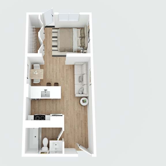 a top down view of a small apartment with a kitchen, living room and bathroom.