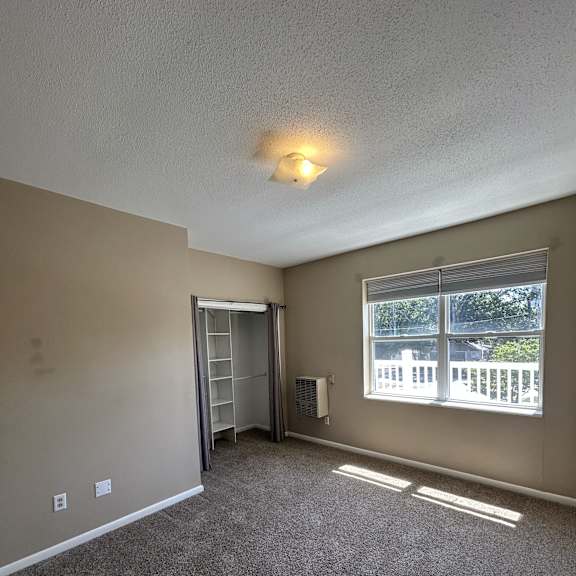 a small window with a view of trees is on the wall.