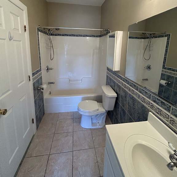 a bathroom with a walk-in shower and a white door.