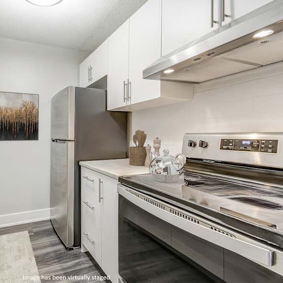 kitchen with white cabinets and stainless steel appliances at platts crossing, ontario, n6h 4p4