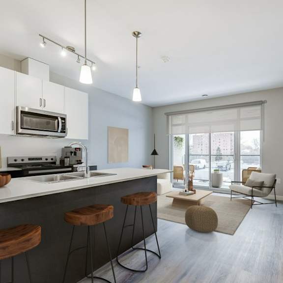 kitchen and living room with an open floor plan  at 101 base line road west, ontario