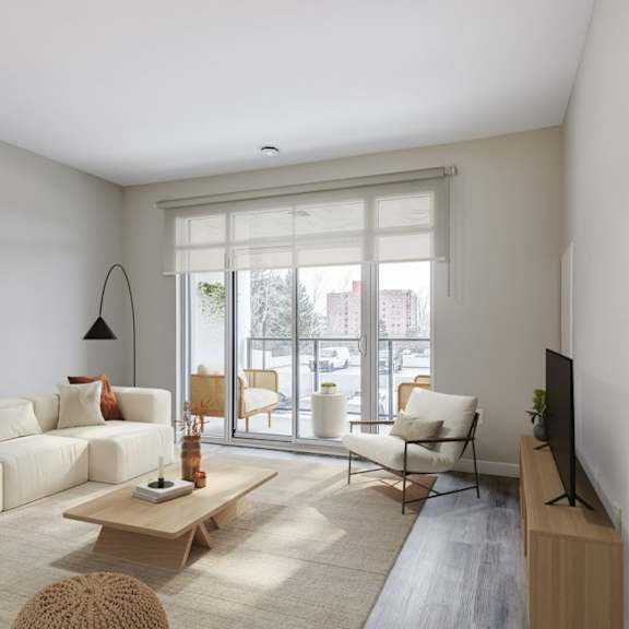 living room with a white couch and a sliding glass door  at 101 base line road west, london