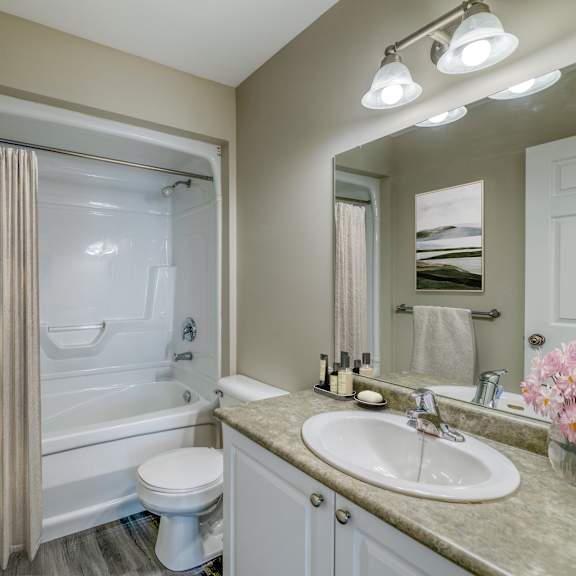 a bathroom with a shower toilet and sink