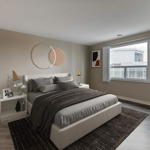 a bedroom with a bed and a window in a 555 waverly unit
