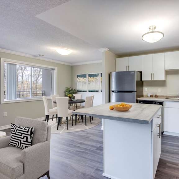 a kitchen and dining area