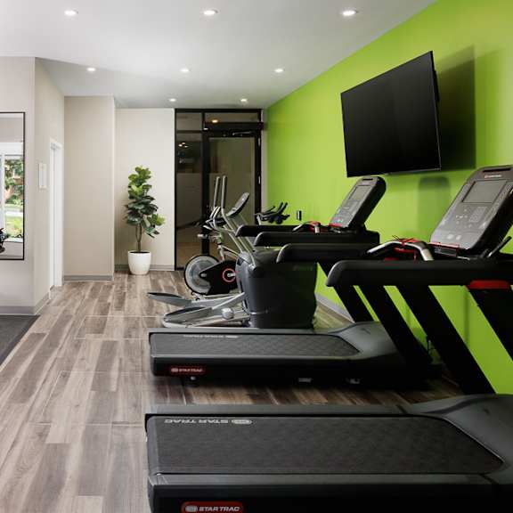 a gym with treadmills, weights, and exercise equipment.