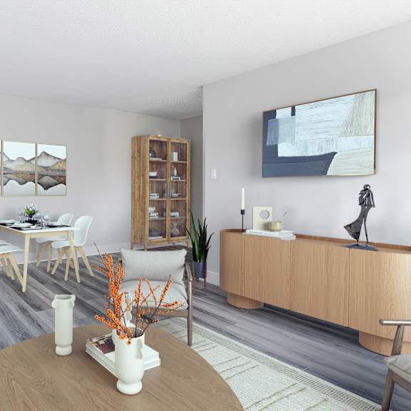 a modern living room with a wooden coffee table and a grey sofa.
