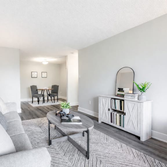 a living room with a grey couch, a black coffee table, and a white cabinet.