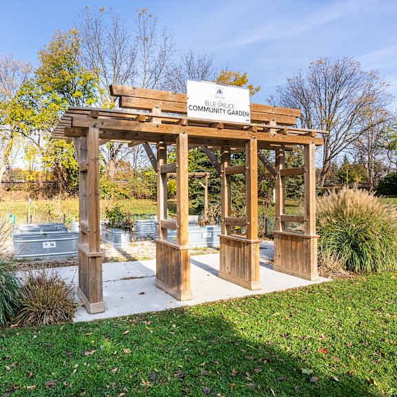 a wooden structure with a sign that reads "community garden" is surrounded by plants and trees.