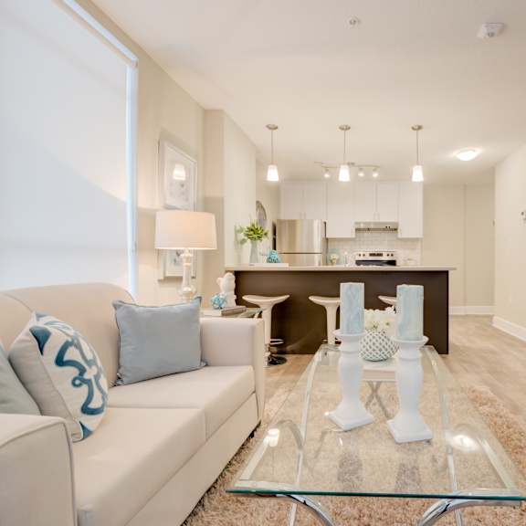 living room with a view into the kitchen.