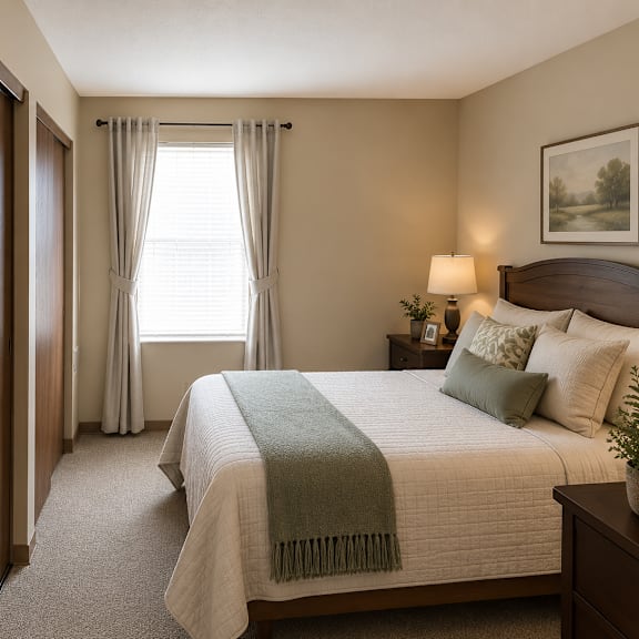 a bedroom with a bed and a window with curtains.