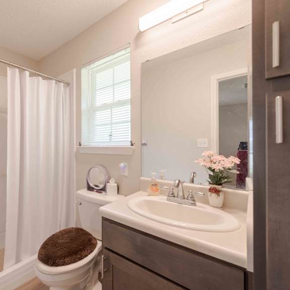 a bathroom with a white sink, toilet, and shower.